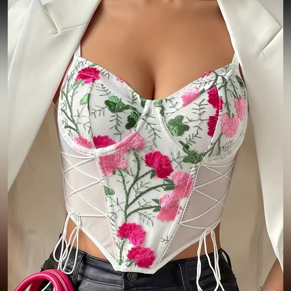 NWOT Sz S White Pink Bustier Corset Lace Cami Floral Embroidered Sexy Crop Top